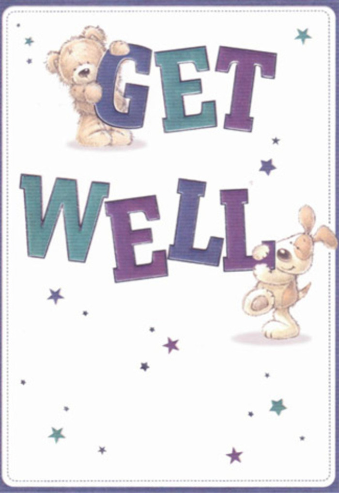 Much like preparing a soothing bouquet for a friend in Harefield, this get well card brings together elements of gentle encouragement. Two delightful characters-a sweet teddy bear and a floppy-eared pup-anchor the composition, their presence full of warmth and innocence. Each holds or leans on the confident, oversized letters that spell out 'Get Well,' their deep purple and teal shades creating visual harmony against an immaculate white backdrop. The plush textures of their illustrated fur, almost palpable, offer an emotional comfort akin to the embrace of soft petals. Around them, twinkling stars in gradients of blue and violet mirror the subtle gestures of hope exchanged during visits or flower deliveries along Moorhall Road. Every detail, from the playful arrangement to the expressive faces, suggests kindness and a dedication to uplifting the spirit. It's a card that feels like a bouquet from Harefield Florist: thoughtfully crafted, locally inspired, and capable of brightening even the darkest day in the village.