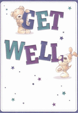 This get well card is imbued with the spirit of care one finds walking through Harefield's serene lanes-a visual embrace encapsulated by the charming pair at its centre. A fluffy teddy bear and an endearing puppy, their features rounded and expressive, interact playfully atop the hearty lettering of 'GET WELL,' rendered in lush purples and soothing teals. The deep hues contrast elegantly against a soft cream background, creating a sense of freshness and renewal, reminiscent of blooms arriving early at Harefield Florist's shop. Star motifs, scattered throughout in brilliant tones of blue and violet, inject a sense of hope and magic-mirroring the joy when a neighbour receives an unexpected bouquet. The artwork's fine details-like the bear's soft fur and the puppy's velvety ears-invite a tactile connection, while the friendly typography infuses the card with buoyant optimism. Altogether, the design radiates heartfelt kindness, ideal for sending a comforting message to loved ones recuperating in Harefield or its surrounding countryside.